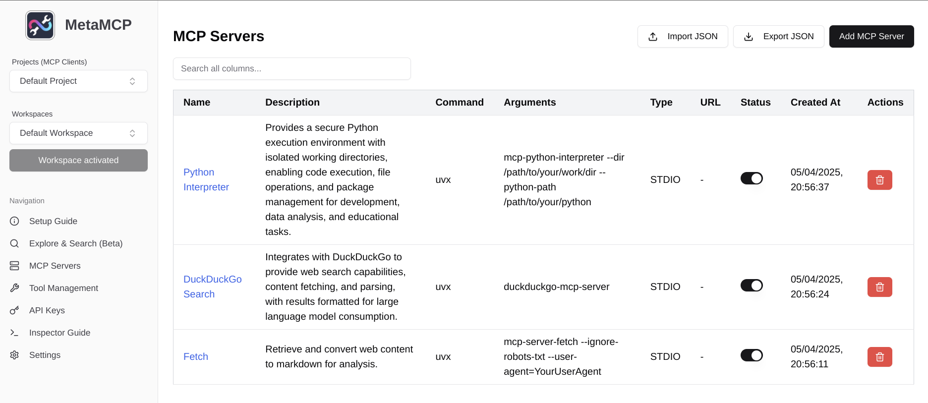 screenshot from harbor's metamcp service